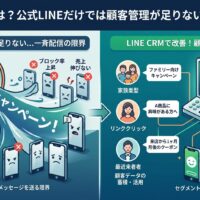 LINE CRMとは何かを、公式LINEの一斉配信の限界と顧客ごとの最適配信による改善を比較図で示したアイキャッチ画像