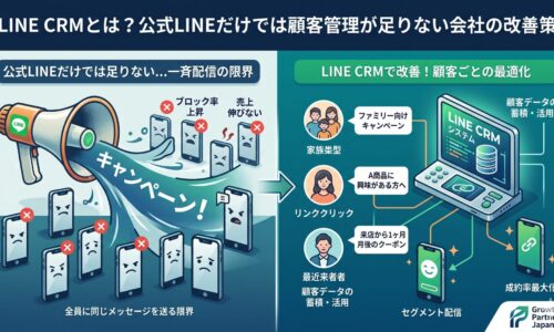 LINE CRMとは何かを、公式LINEの一斉配信の限界と顧客ごとの最適配信による改善を比較図で示したアイキャッチ画像