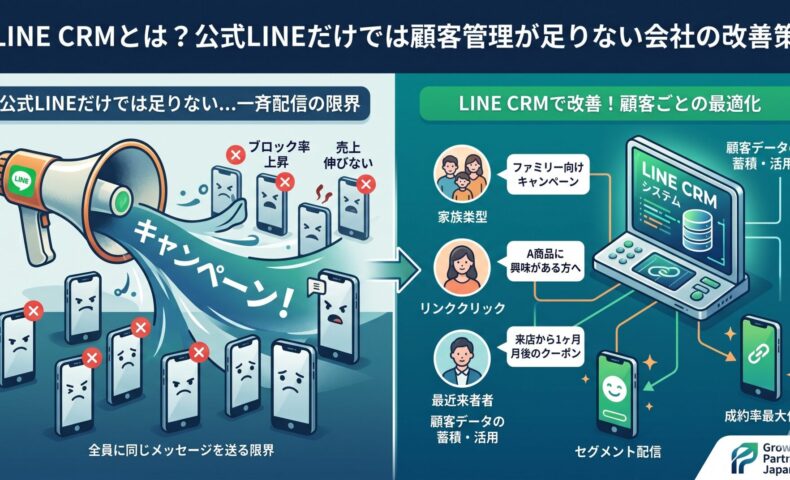 LINE CRMとは何かを、公式LINEの一斉配信の限界と顧客ごとの最適配信による改善を比較図で示したアイキャッチ画像