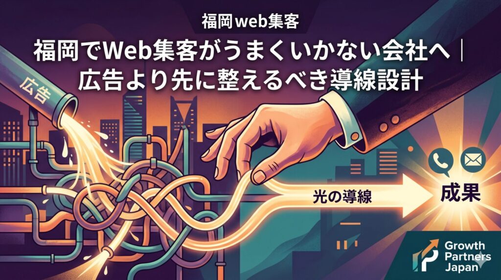 「福岡でWeb集客がうまくいかない会社へ」記事のアイキャッチ画像。広告費をかけてもアクセスが漏れてしまう複雑に絡み合ったパイプから、プロの手によって一直線に整理された「光の導線」を引き出し、電話やメールなどの成果（CV）へと真っ直ぐ繋げる様子を描いた図解。