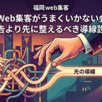 「福岡でWeb集客がうまくいかない会社へ」記事のアイキャッチ画像。広告費をかけてもアクセスが漏れてしまう複雑に絡み合ったパイプから、プロの手によって一直線に整理された「光の導線」を引き出し、電話やメールなどの成果（CV）へと真っ直ぐ繋げる様子を描いた図解。