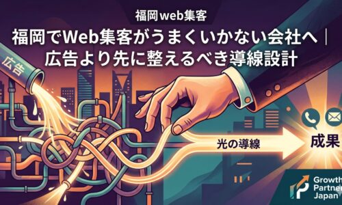 「福岡でWeb集客がうまくいかない会社へ」記事のアイキャッチ画像。広告費をかけてもアクセスが漏れてしまう複雑に絡み合ったパイプから、プロの手によって一直線に整理された「光の導線」を引き出し、電話やメールなどの成果(CV)へと真っ直ぐ繋げる様子を描いた図解。