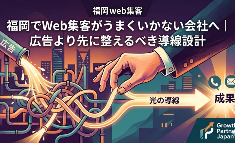「福岡でWeb集客がうまくいかない会社へ」記事のアイキャッチ画像。広告費をかけてもアクセスが漏れてしまう複雑に絡み合ったパイプから、プロの手によって一直線に整理された「光の導線」を引き出し、電話やメールなどの成果（CV）へと真っ直ぐ繋げる様子を描いた図解。