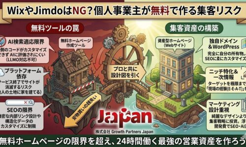 個人事業主がWixやJimdoなどの無料ホームページ作成ツールで作る集客リスクと、独自ドメインとWordPressで構築する資産型Webサイトの比較図解。左側はAI検索適応限界（LLMO対応不可）やプラットフォーム依存などの「無料ツールの罠」を崩れかけの家で表現し、右側はニッチ特化や現場の一次情報（E-E-A-T）、マーケティング設計重視といった「集客資産の構築」を堅牢なビルで描写し、プロと共に設計図を引く重要性を解説しています。