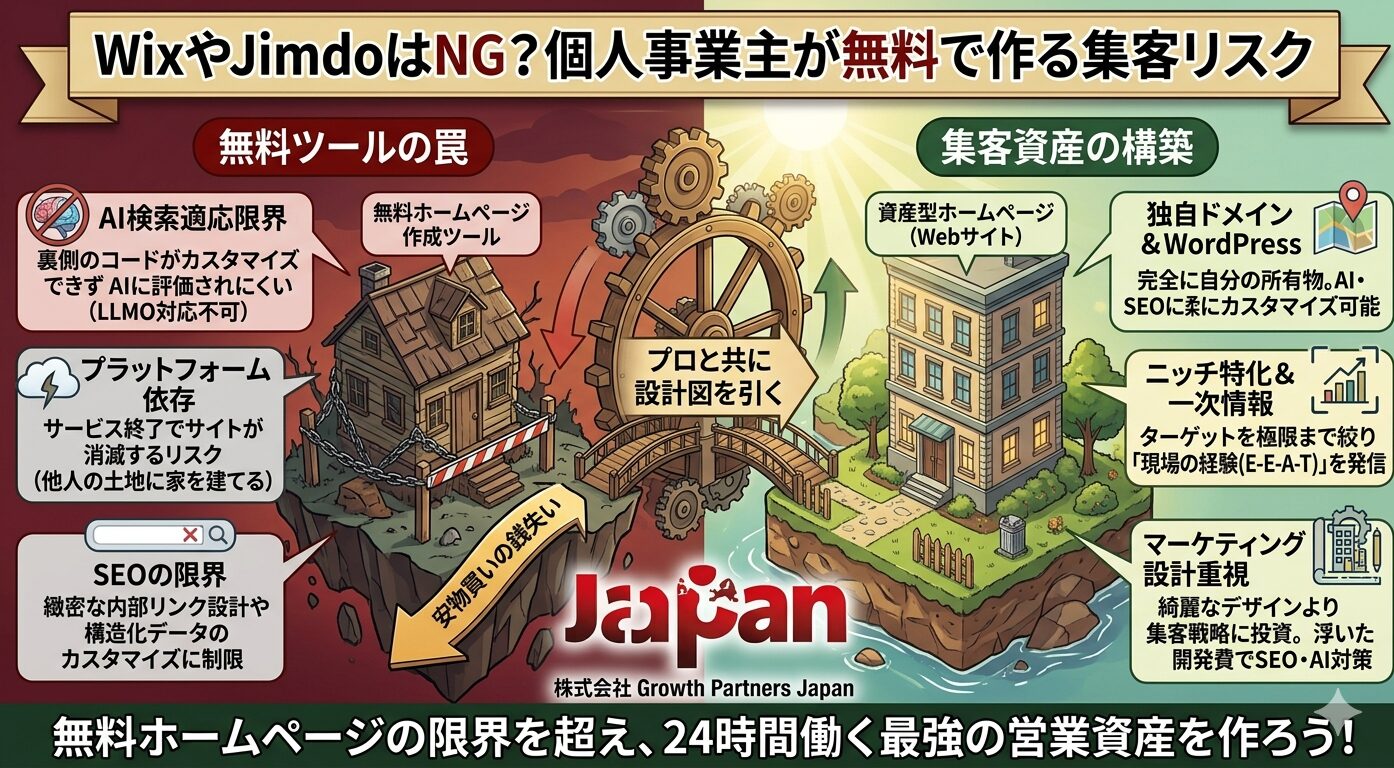 個人事業主がWixやJimdoなどの無料ホームページ作成ツールで作る集客リスクと、独自ドメインとWordPressで構築する資産型Webサイトの比較図解。左側はAI検索適応限界（LLMO対応不可）やプラットフォーム依存などの「無料ツールの罠」を崩れかけの家で表現し、右側はニッチ特化や現場の一次情報（E-E-A-T）、マーケティング設計重視といった「集客資産の構築」を堅牢なビルで描写し、プロと共に設計図を引く重要性を解説しています。