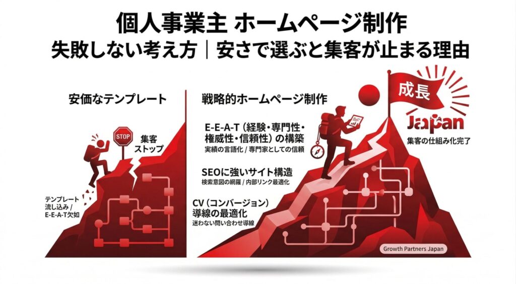 「個人事業主 ホームページ制作で失敗しない考え方」記事のアイキャッチ画像。安価なテンプレート作成によるE-E-A-T欠如と集客ストップの道と、戦略的ホームページ制作による集客成功（成長）の道を比較した図解。