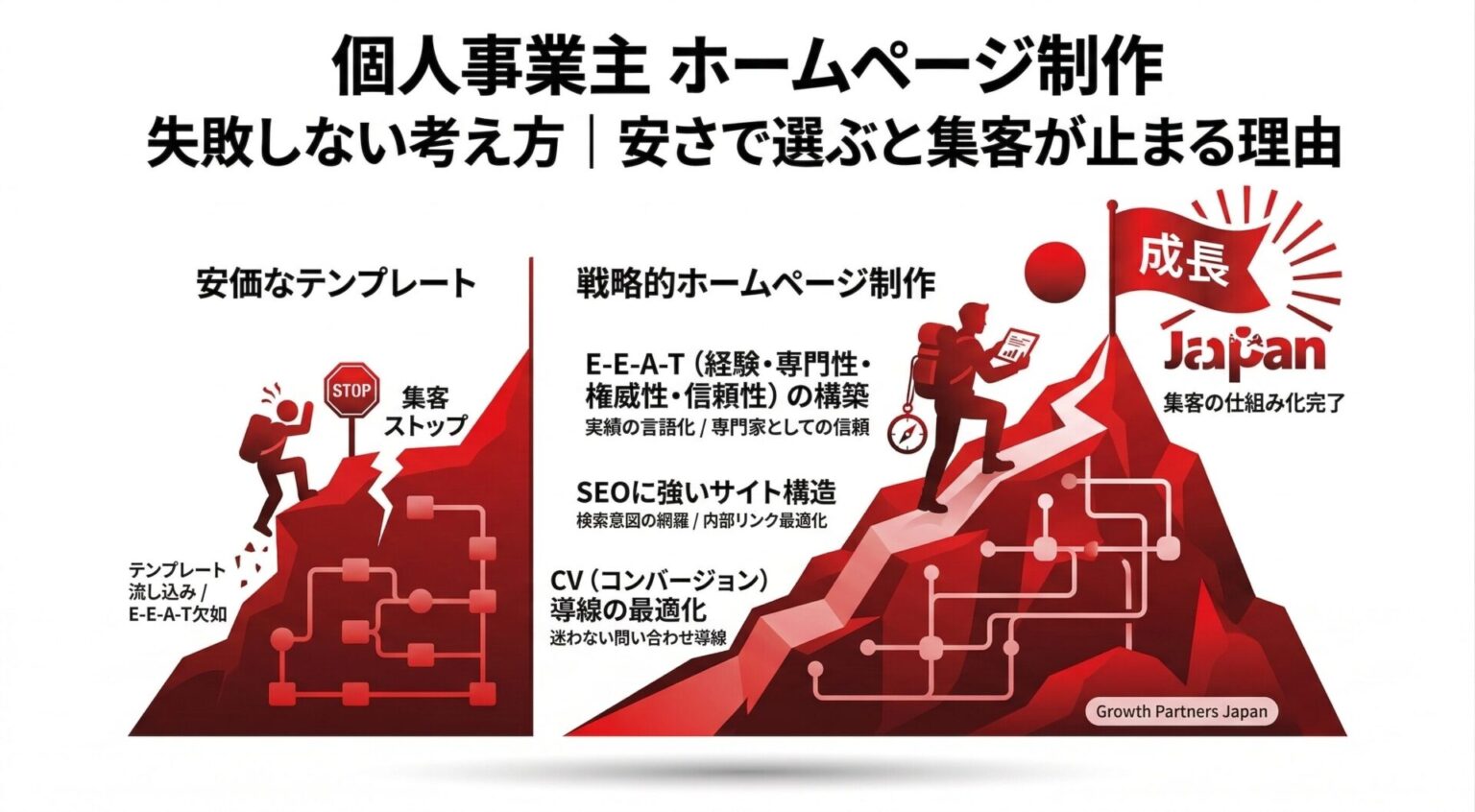 「個人事業主 ホームページ制作で失敗しない考え方」記事のアイキャッチ画像。安価なテンプレート作成によるE-E-A-T欠如と集客ストップの道と、戦略的ホームページ制作による集客成功（成長）の道を比較した図解。