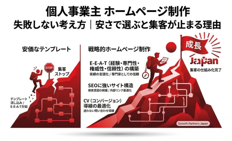 「個人事業主 ホームページ制作で失敗しない考え方」記事のアイキャッチ画像。安価なテンプレート作成によるE-E-A-T欠如と集客ストップの道と、戦略的ホームページ制作による集客成功（成長）の道を比較した図解。