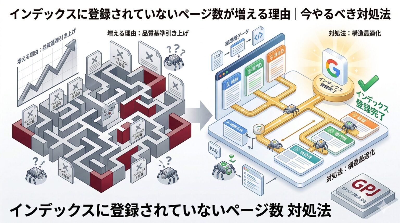 画像SEO設定データ ■ 代替テキスト (Alt Text) インデックスに登録されていないページ数の対処法を図解：品質基準の引き上げによる未登録状態から、構造最適化によりGoogleにインデックスされるまでの流れ