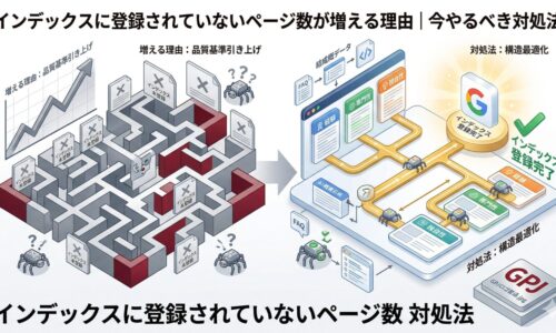 画像SEO設定データ ■ 代替テキスト (Alt Text) インデックスに登録されていないページ数の対処法を図解：品質基準の引き上げによる未登録状態から、構造最適化によりGoogleにインデックスされるまでの流れ