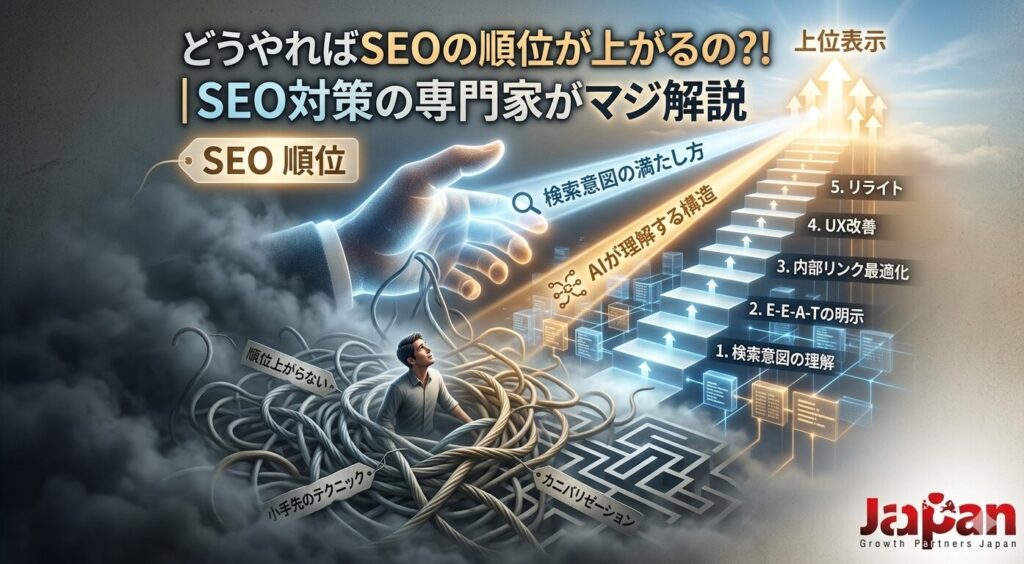 「どうやればSEOの順位が上がるの?!」記事のアイキャッチ画像。小手先のテクニックやカニバリゼーションなどの迷路から抜け出し、検索意図の理解、E-E-A-Tの明示、内部リンク最適化、UX改善、リライトという正しい5つのステップで上位表示を目指すイメージ図。