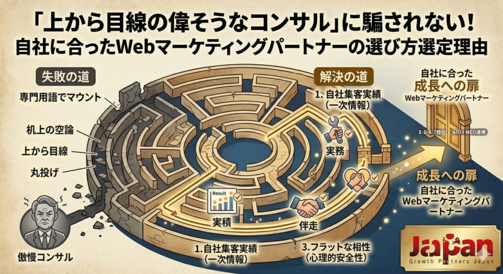 上から目線の偉そうなコンサルタントに騙されないための、正しいWebマーケティングパートナーの選び方を解説するアイキャッチ画像