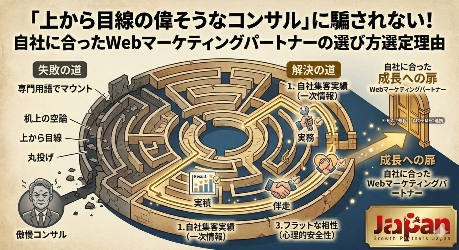 上から目線の偉そうなコンサルタントに騙されないための、正しいWebマーケティングパートナーの選び方を解説するアイキャッチ画像