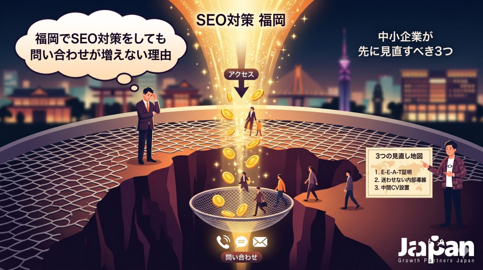 「福岡でSEO対策をしても問い合わせが増えない理由」記事のアイキャッチ画像。アクセスが集まっても受け皿となるサイト構造がないためにこぼれ落ちてしまう現状を「穴の空いた網」で表現。解決策として、専門家が「1. E-E-A-T証明」「2. 迷わせない内部導線」「3. 中間CV設置」の3つの見直しポイントを提示し、問い合わせへ繋げる仕組みを解説した図解。