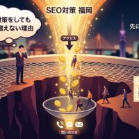 「福岡でSEO対策をしても問い合わせが増えない理由」記事のアイキャッチ画像。アクセスが集まっても受け皿となるサイト構造がないためにこぼれ落ちてしまう現状を「穴の空いた網」で表現。解決策として、専門家が「1. E-E-A-T証明」「2. 迷わせない内部導線」「3. 中間CV設置」の3つの見直しポイントを提示し、問い合わせへ繋げる仕組みを解説した図解。