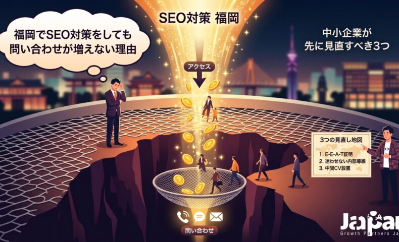 「福岡でSEO対策をしても問い合わせが増えない理由」記事のアイキャッチ画像。アクセスが集まっても受け皿となるサイト構造がないためにこぼれ落ちてしまう現状を「穴の空いた網」で表現。解決策として、専門家が「1. E-E-A-T証明」「2. 迷わせない内部導線」「3. 中間CV設置」の3つの見直しポイントを提示し、問い合わせへ繋げる仕組みを解説した図解。