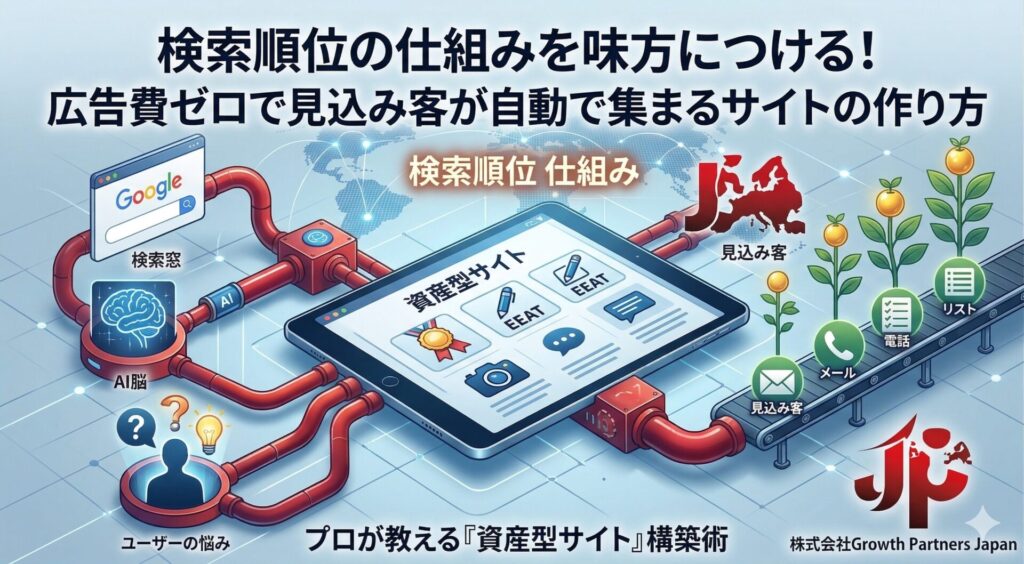 検索順位の仕組みを味方につけ、広告費ゼロで集客を自動化する仕組みの図解。ユーザーの悩みやAI検索が「資産型サイト（E-E-A-T）」へ流入し、メールや電話などのリストとして見込み客が自動で育成・獲得される流れを表したインフォグラフィック。