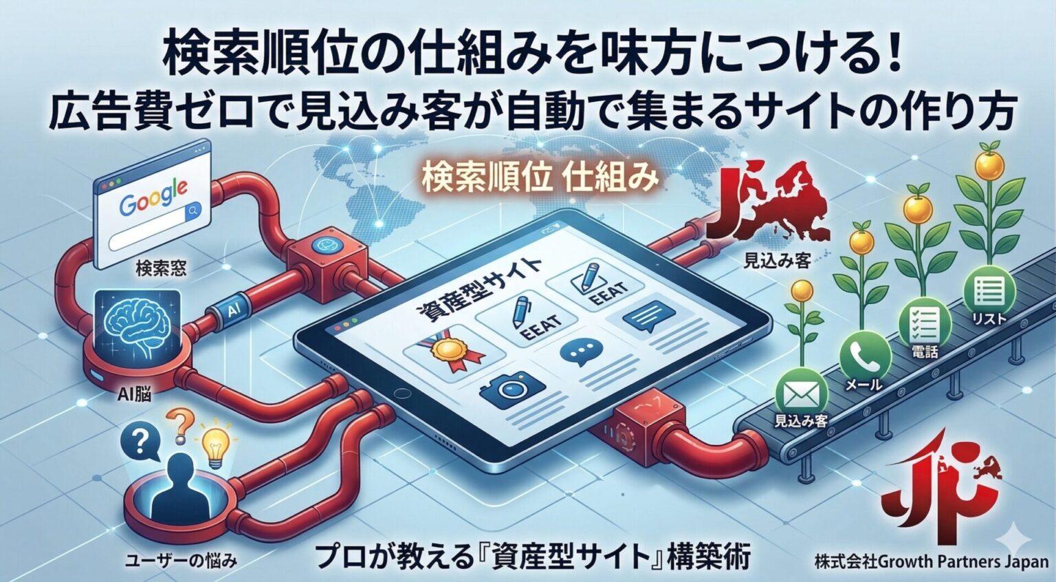 検索順位の仕組みを味方につけ、広告費ゼロで集客を自動化する仕組みの図解。ユーザーの悩みやAI検索が「資産型サイト（E-E-A-T）」へ流入し、メールや電話などのリストとして見込み客が自動で育成・獲得される流れを表したインフォグラフィック。