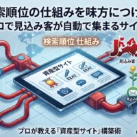 検索順位の仕組みを味方につけ、広告費ゼロで集客を自動化する仕組みの図解。ユーザーの悩みやAI検索が「資産型サイト（E-E-A-T）」へ流入し、メールや電話などのリストとして見込み客が自動で育成・獲得される流れを表したインフォグラフィック。
