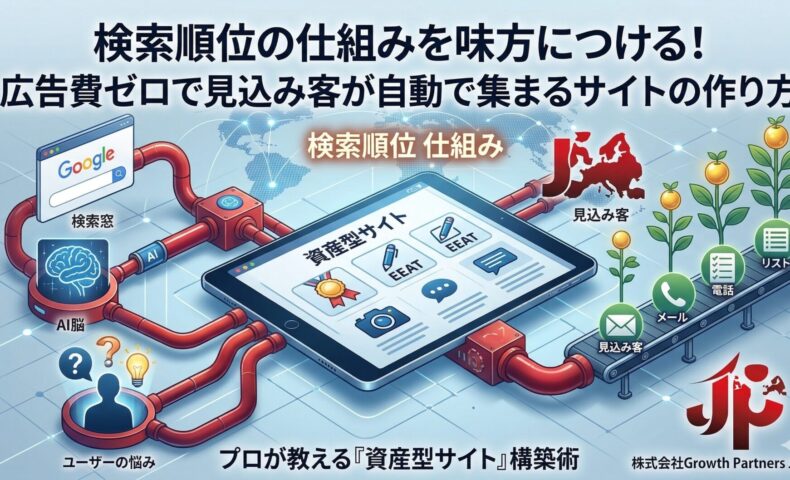 検索順位の仕組みを味方につけ、広告費ゼロで集客を自動化する仕組みの図解。ユーザーの悩みやAI検索が「資産型サイト（E-E-A-T）」へ流入し、メールや電話などのリストとして見込み客が自動で育成・獲得される流れを表したインフォグラフィック。