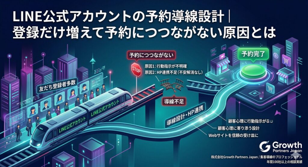 「LINE公式アカウントの予約導線設計」記事のアイキャッチ画像。友だち登録者は多いが「行動指示が不明確」「HP連携不足」により予約につながらない途切れたレール（原因）と、「導線設計・HP連携」によって予約完了ボタンへとスムーズに導く光るルート（改善策）を対比して描いた図解。