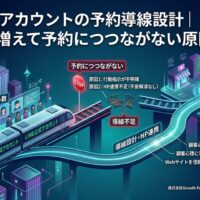 「LINE公式アカウントの予約導線設計」記事のアイキャッチ画像。友だち登録者は多いが「行動指示が不明確」「HP連携不足」により予約につながらない途切れたレール（原因）と、「導線設計・HP連携」によって予約完了ボタンへとスムーズに導く光るルート（改善策）を対比して描いた図解。