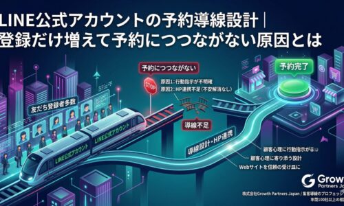「LINE公式アカウントの予約導線設計」記事のアイキャッチ画像。友だち登録者は多いが「行動指示が不明確」「HP連携不足」により予約につながらない途切れたレール(原因)と、「導線設計・HP連携」によって予約完了ボタンへとスムーズに導く光るルート(改善策)を対比して描いた図解。