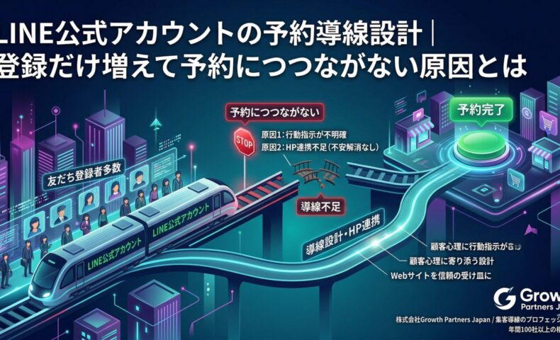 「LINE公式アカウントの予約導線設計」記事のアイキャッチ画像。友だち登録者は多いが「行動指示が不明確」「HP連携不足」により予約につながらない途切れたレール（原因）と、「導線設計・HP連携」によって予約完了ボタンへとスムーズに導く光るルート（改善策）を対比して描いた図解。