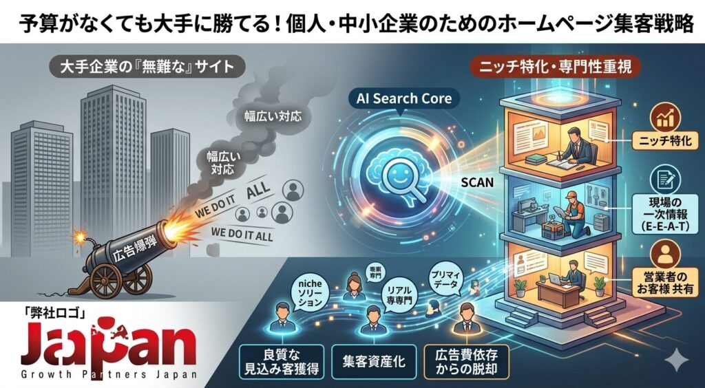 予算がなくても大手に勝てる個人・中小企業向けのホームページ集客戦略を図解。左側は広告費（広告爆弾）に依存した大手企業の「幅広い無難なサイト」、右側は「ニッチ特化」と「現場の一次情報（E-E-A-T）」を発信し、AI検索（AI Search Core）に評価される中小企業のサイト構造を比較。専門性を武器に良質な見込み客を獲得し、広告費依存から脱却して集客を資産化する流れを描写しています。