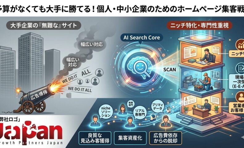 予算がなくても大手に勝てる個人・中小企業向けのホームページ集客戦略を図解。左側は広告費（広告爆弾）に依存した大手企業の「幅広い無難なサイト」、右側は「ニッチ特化」と「現場の一次情報（E-E-A-T）」を発信し、AI検索（AI Search Core）に評価される中小企業のサイト構造を比較。専門性を武器に良質な見込み客を獲得し、広告費依存から脱却して集客を資産化する流れを描写しています。