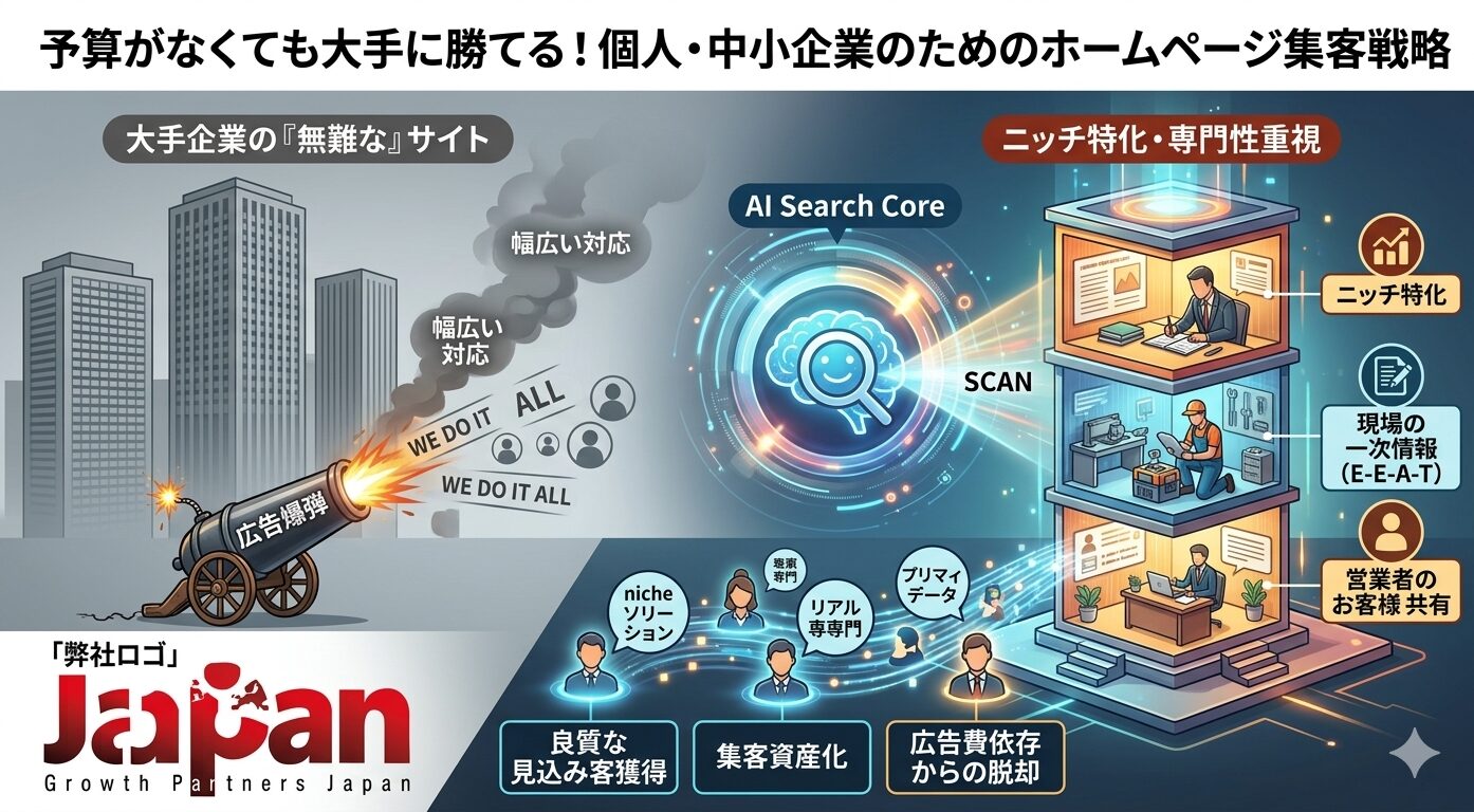 予算がなくても大手に勝てる個人・中小企業向けのホームページ集客戦略を図解。左側は広告費（広告爆弾）に依存した大手企業の「幅広い無難なサイト」、右側は「ニッチ特化」と「現場の一次情報（E-E-A-T）」を発信し、AI検索（AI Search Core）に評価される中小企業のサイト構造を比較。専門性を武器に良質な見込み客を獲得し、広告費依存から脱却して集客を資産化する流れを描写しています。