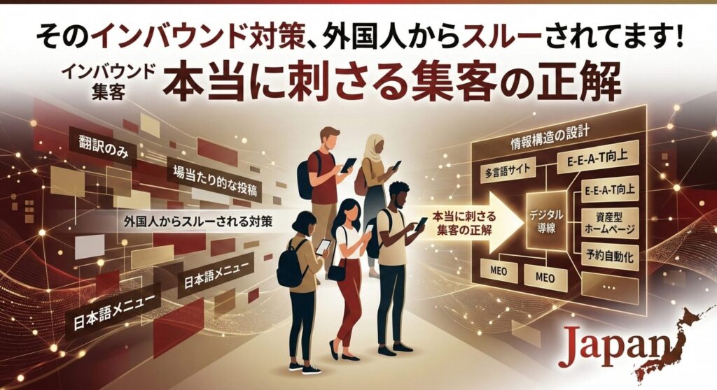 インバウンド集客において外国人からスルーされる失敗例（翻訳のみ、場当たり的な発信）と、本当に刺さる正解（MEO、多言語サイト、E-E-A-T向上、デジタル導線設計）を対比させたインフォグラフィック。