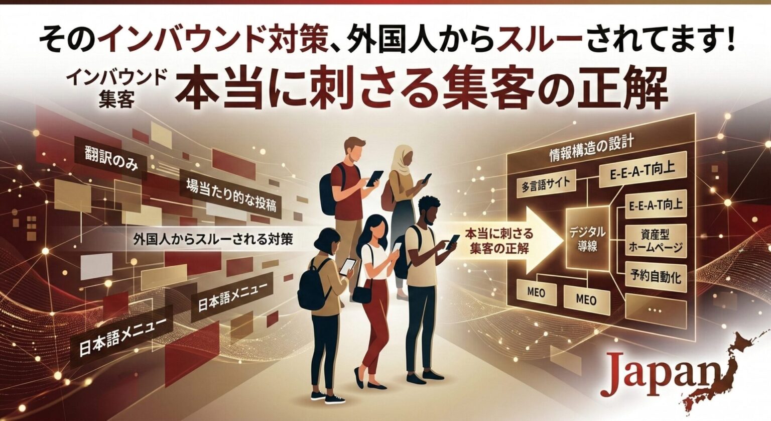 インバウンド集客において外国人からスルーされる失敗例（翻訳のみ、場当たり的な発信）と、本当に刺さる正解（MEO、多言語サイト、E-E-A-T向上、デジタル導線設計）を対比させたインフォグラフィック。