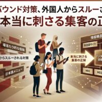 インバウンド集客において外国人からスルーされる失敗例（翻訳のみ、場当たり的な発信）と、本当に刺さる正解（MEO、多言語サイト、E-E-A-T向上、デジタル導線設計）を対比させたインフォグラフィック。