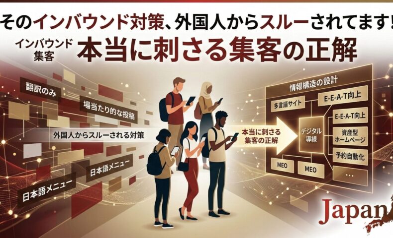 インバウンド集客において外国人からスルーされる失敗例（翻訳のみ、場当たり的な発信）と、本当に刺さる正解（MEO、多言語サイト、E-E-A-T向上、デジタル導線設計）を対比させたインフォグラフィック。
