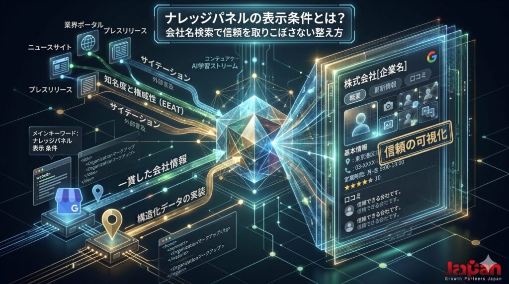 ナレッジパネルの表示条件を、一貫した会社情報、構造化データ、サイテーション、E-E-A-T、Googleビジネスプロフィールの連携で表現したアイキャッチ画像
