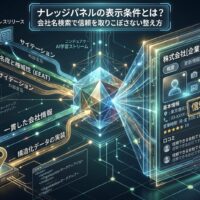 ナレッジパネルの表示条件を、一貫した会社情報、構造化データ、サイテーション、E-E-A-T、Googleビジネスプロフィールの連携で表現したアイキャッチ画像