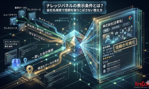 ナレッジパネルの表示条件を、一貫した会社情報、構造化データ、サイテーション、E-E-A-T、Googleビジネスプロフィールの連携で表現したアイキャッチ画像
