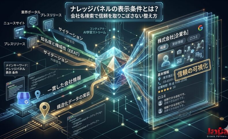 ナレッジパネルの表示条件を、一貫した会社情報、構造化データ、サイテーション、E-E-A-T、Googleビジネスプロフィールの連携で表現したアイキャッチ画像