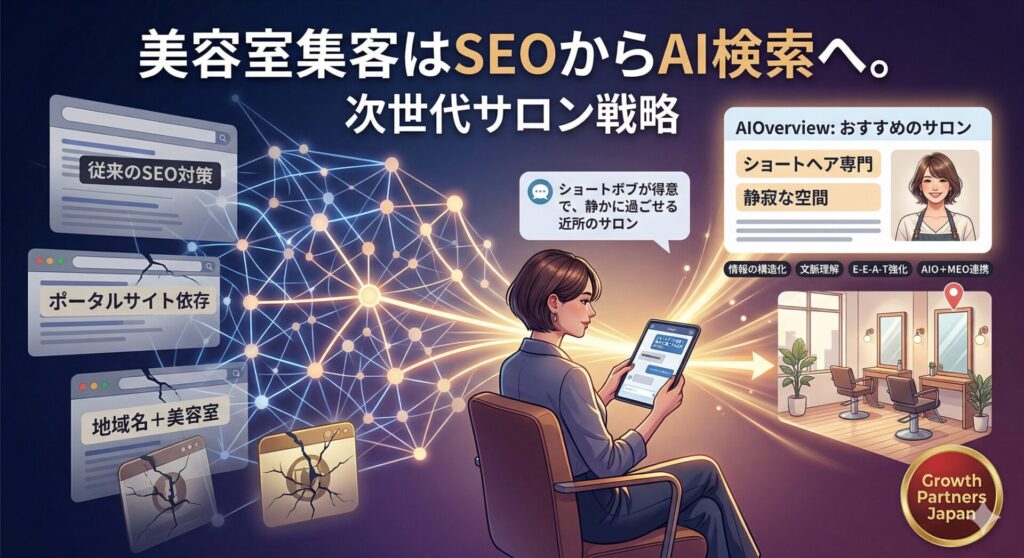 美容室・サロンの集客がSEOからAI検索へ移行する背景と、次世代ローカル検索最適化戦略を解説するアイキャッチ画像