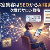 美容室・サロンの集客がSEOからAI検索へ移行する背景と、次世代ローカル検索最適化戦略を解説するアイキャッチ画像