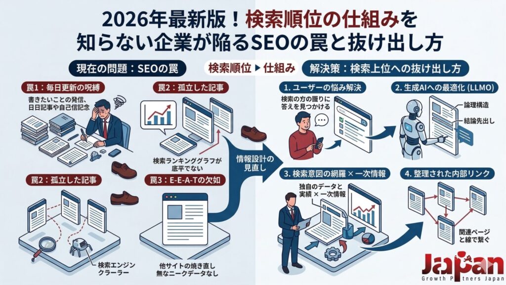 検索順位の仕組みを知らずに陥る3つのSEOの罠（毎日更新の呪縛、孤立した記事、E-E-A-Tの欠如）と、検索上位を獲得するための解決策（ユーザーの悩み解決、生成AI・LLMO最適化、一次情報の投下、内部リンク構築）を対比して解説したインフォグラフィック。