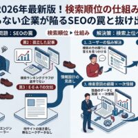 検索順位の仕組みを知らずに陥る3つのSEOの罠(毎日更新の呪縛、孤立した記事、E-E-A-Tの欠如)と、検索上位を獲得するための解決策(ユーザーの悩み解決、生成AI・LLMO最適化、一次情報の投下、内部リンク構築)を対比して解説したインフォグラフィック。
