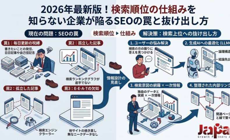 検索順位の仕組みを知らずに陥る3つのSEOの罠（毎日更新の呪縛、孤立した記事、E-E-A-Tの欠如）と、検索上位を獲得するための解決策（ユーザーの悩み解決、生成AI・LLMO最適化、一次情報の投下、内部リンク構築）を対比して解説したインフォグラフィック。
