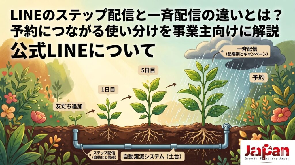 「LINEのステップ配信と一斉配信の違いとは？」記事のアイキャッチ画像。友だち追加から予約に至るまでの顧客育成を植物の成長に例えた図解。ステップ配信を信頼を育む「自動灌漑システム（土台）」、一斉配信を今すぐの行動を促す「雨（起爆剤とキャンペーン）」として描き、それぞれの役割と使い分けを視覚的に表現。