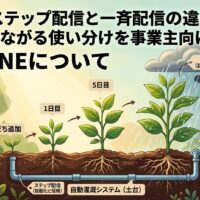 「LINEのステップ配信と一斉配信の違いとは？」記事のアイキャッチ画像。友だち追加から予約に至るまでの顧客育成を植物の成長に例えた図解。ステップ配信を信頼を育む「自動灌漑システム（土台）」、一斉配信を今すぐの行動を促す「雨（起爆剤とキャンペーン）」として描き、それぞれの役割と使い分けを視覚的に表現。