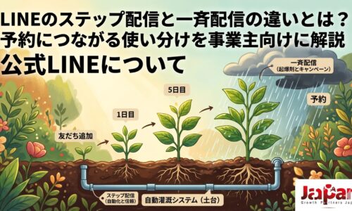 「LINEのステップ配信と一斉配信の違いとは？」記事のアイキャッチ画像。友だち追加から予約に至るまでの顧客育成を植物の成長に例えた図解。ステップ配信を信頼を育む「自動灌漑システム（土台）」、一斉配信を今すぐの行動を促す「雨（起爆剤とキャンペーン）」として描き、それぞれの役割と使い分けを視覚的に表現。