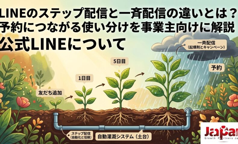 「LINEのステップ配信と一斉配信の違いとは？」記事のアイキャッチ画像。友だち追加から予約に至るまでの顧客育成を植物の成長に例えた図解。ステップ配信を信頼を育む「自動灌漑システム（土台）」、一斉配信を今すぐの行動を促す「雨（起爆剤とキャンペーン）」として描き、それぞれの役割と使い分けを視覚的に表現。