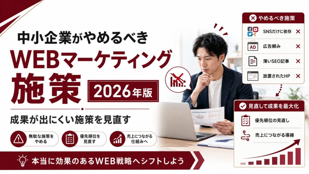 中小企業が2026年にやめるべきWEBマーケティング施策をテーマに、SNS依存、広告頼み、薄いSEO記事、放置されたホームページの見直しを示したアイキャッチ画像