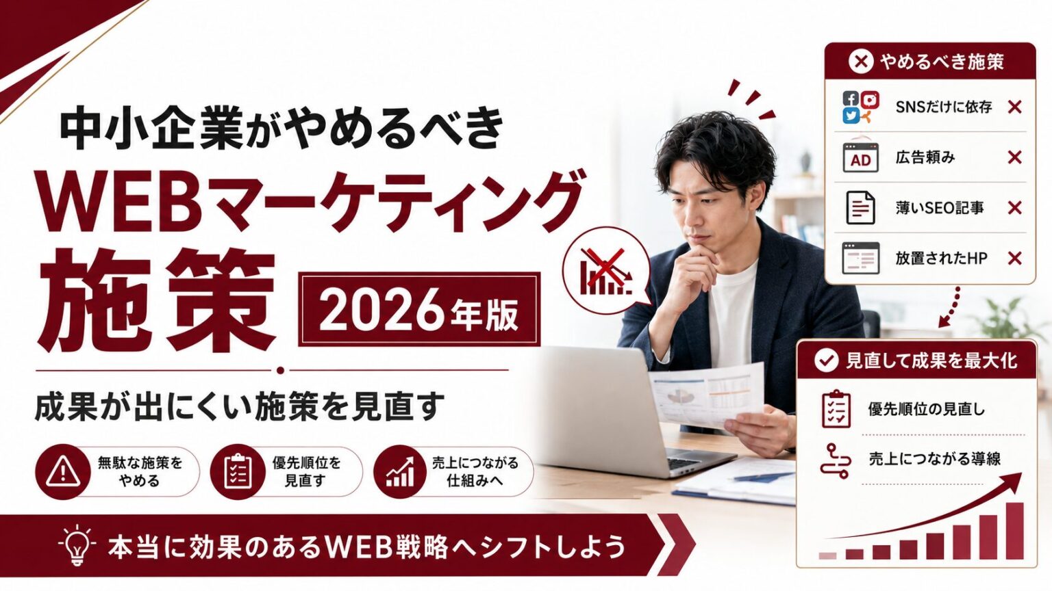 中小企業が2026年にやめるべきWEBマーケティング施策をテーマに、SNS依存、広告頼み、薄いSEO記事、放置されたホームページの見直しを示したアイキャッチ画像